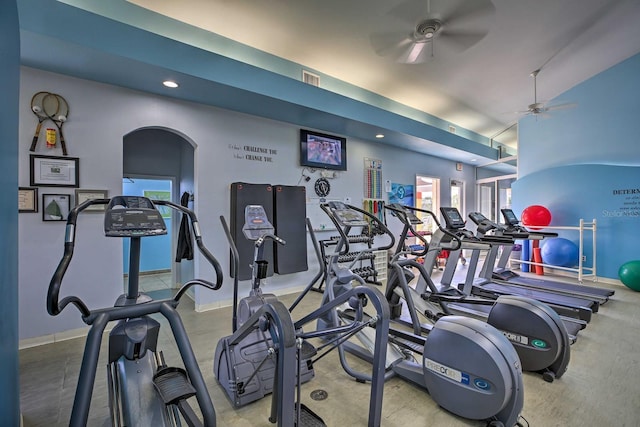 gym featuring ceiling fan