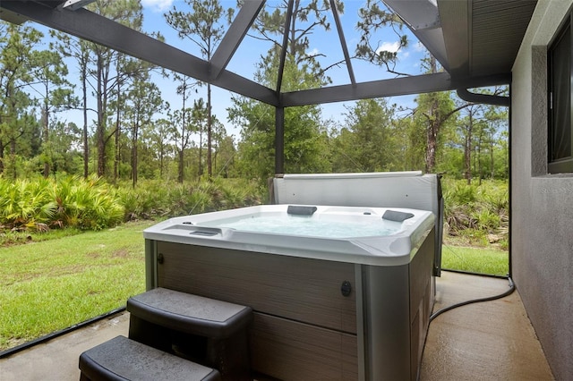 view of patio / terrace featuring a hot tub