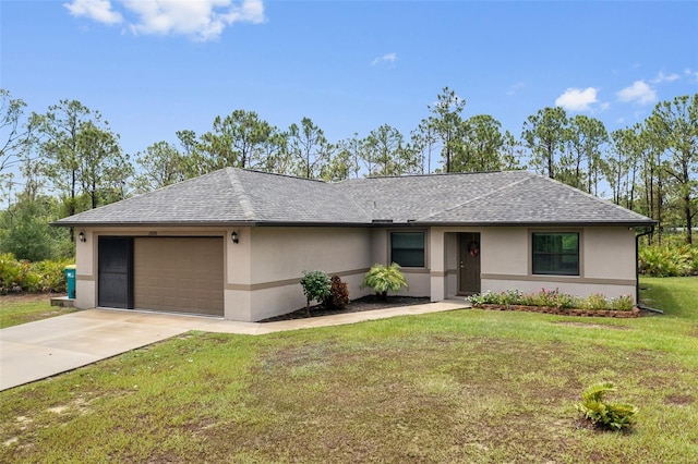 ranch-style home featuring a front yard and a garage