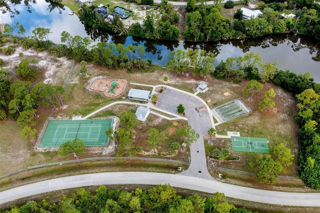 bird's eye view with a water view