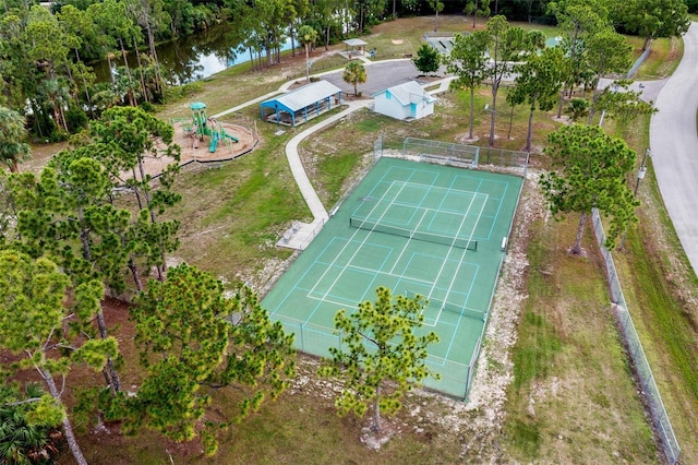 aerial view featuring a water view