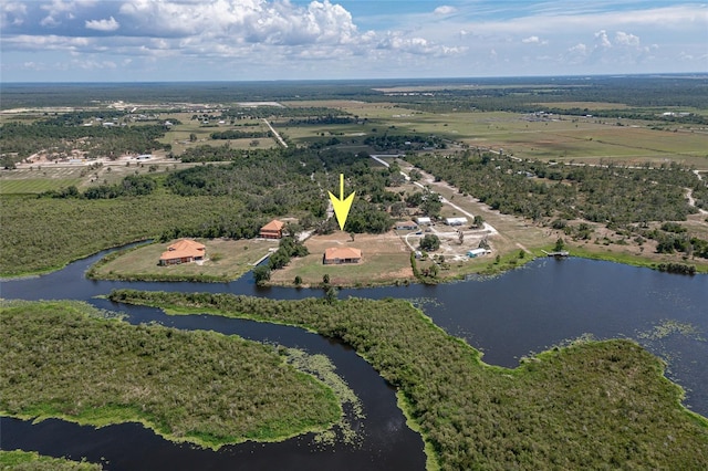 bird's eye view with a water view and a rural view