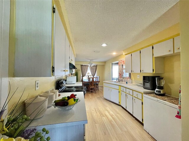 kitchen with white cabinetry, electric range, ventilation hood, and light hardwood / wood-style floors