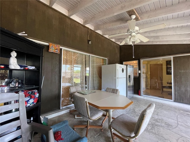 dining room with vaulted ceiling with beams, ceiling fan, and wooden ceiling