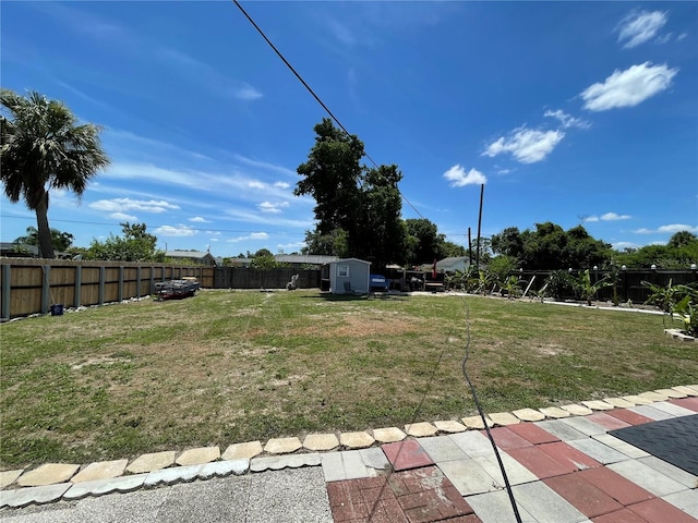 view of yard featuring a shed and a patio area