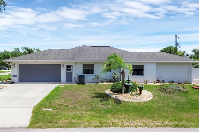 single story home with a front yard, a garage, and cooling unit