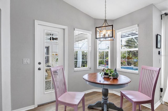 dining space with ceiling fan with notable chandelier, light wood-type flooring, and plenty of natural light