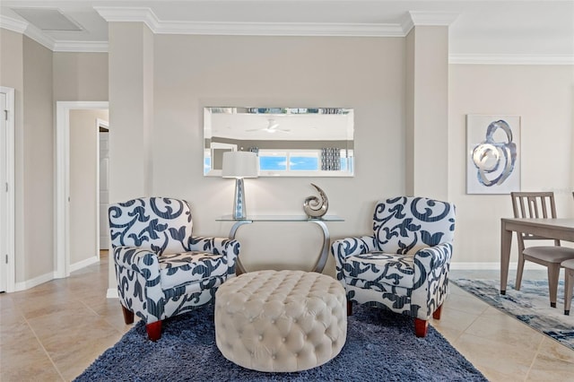 living area featuring ornamental molding and light tile patterned floors