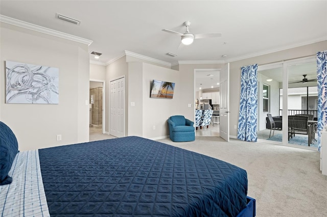 bedroom with light carpet, ceiling fan, and ornamental molding