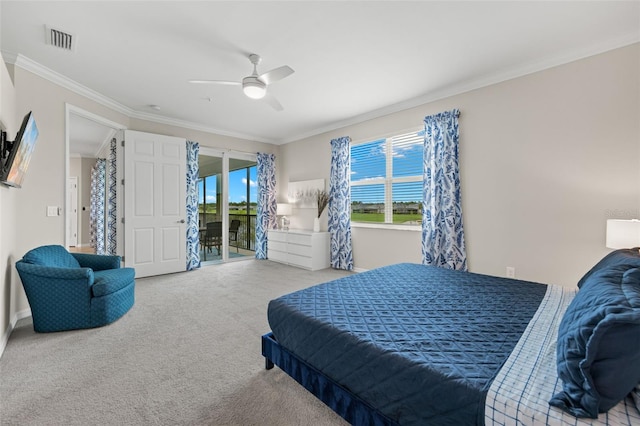 carpeted bedroom featuring ceiling fan, ornamental molding, and access to outside