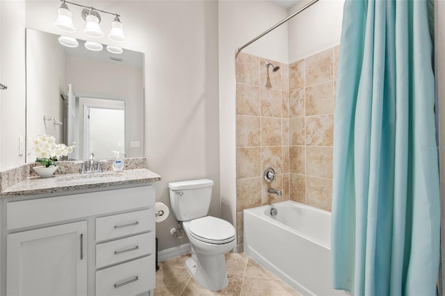 full bathroom with vanity, toilet, shower / bathtub combination with curtain, and tile patterned flooring