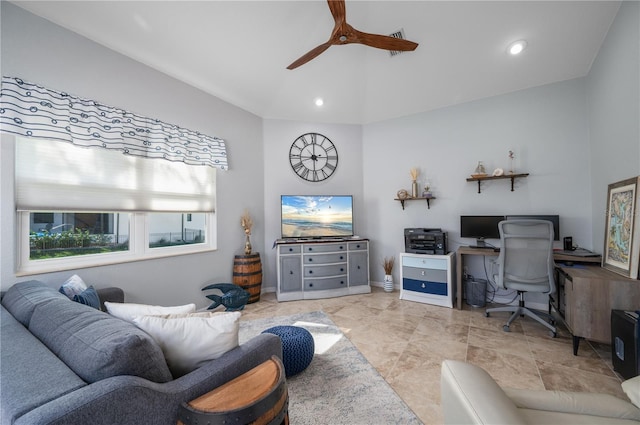 living room with high vaulted ceiling, recessed lighting, ceiling fan, and baseboards