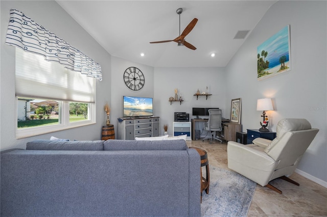 living room featuring recessed lighting, visible vents, a ceiling fan, high vaulted ceiling, and baseboards