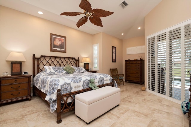 bedroom with vaulted ceiling, ceiling fan, visible vents, and recessed lighting