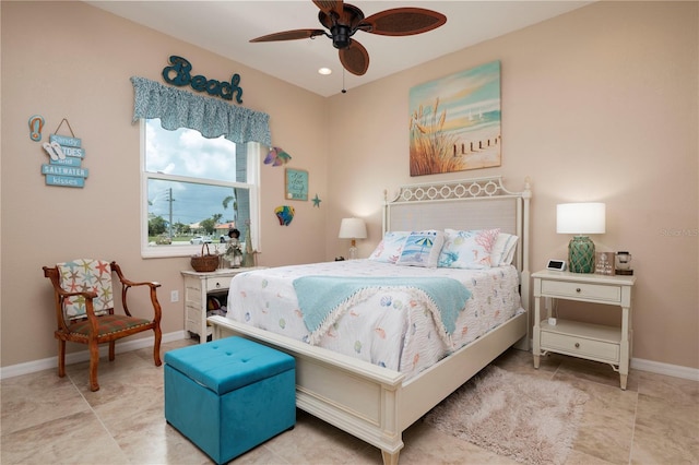 bedroom featuring baseboards, a ceiling fan, and recessed lighting