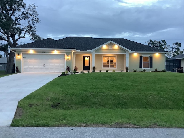 view of front of property with a garage and a front yard