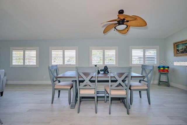 dining area featuring ceiling fan, a healthy amount of sunlight, and light wood-type flooring