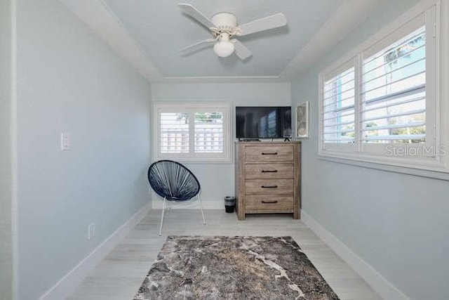 living area featuring light hardwood / wood-style flooring, plenty of natural light, and ceiling fan