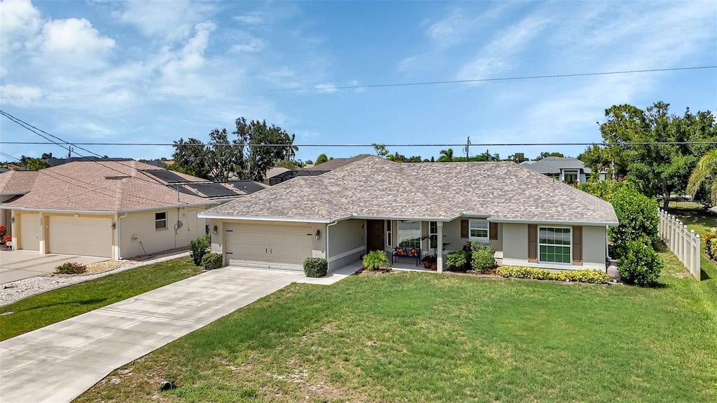 ranch-style house with a garage and a front yard