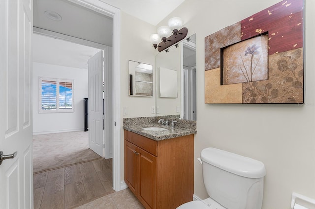 bathroom with vanity, toilet, and wood-type flooring