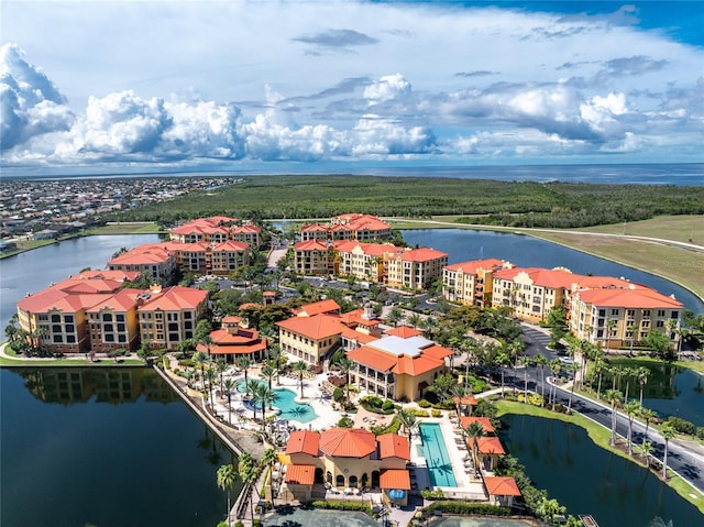 aerial view featuring a water view