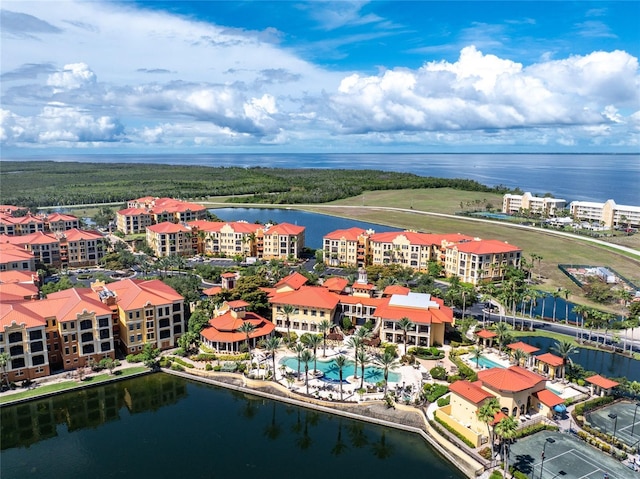 drone / aerial view featuring a water view