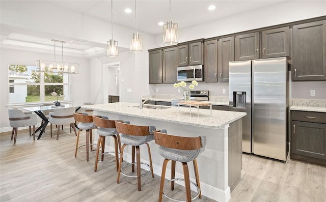 kitchen with pendant lighting, sink, an island with sink, and stainless steel appliances