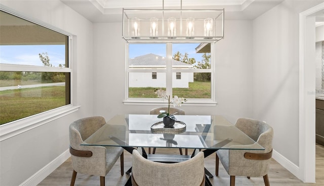 dining area featuring hardwood / wood-style flooring and a chandelier