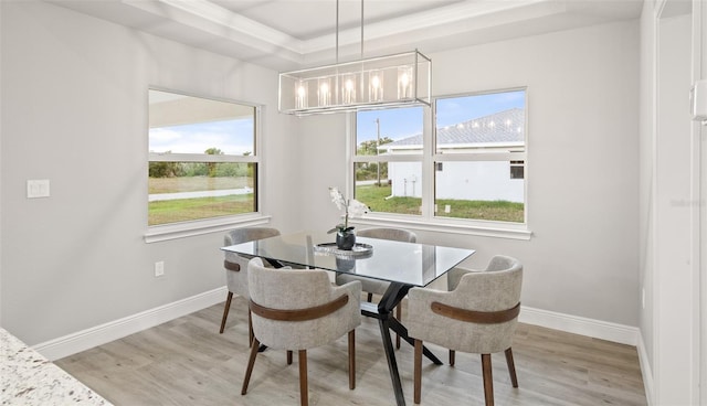 dining room with a wealth of natural light, light hardwood / wood-style floors, and a raised ceiling