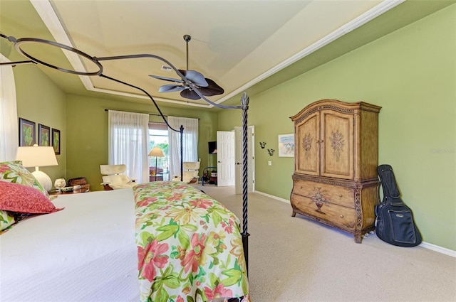 bedroom featuring light carpet and ceiling fan