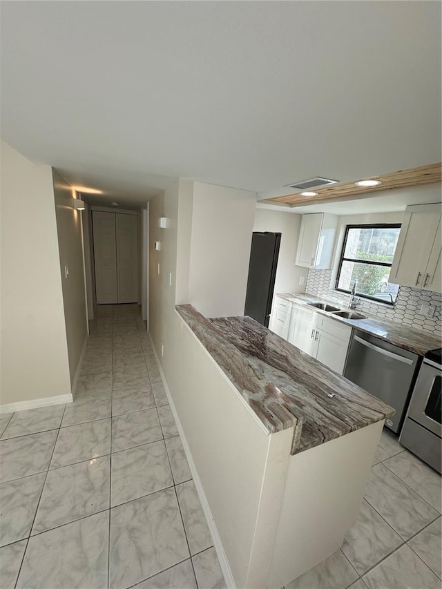 kitchen featuring sink, kitchen peninsula, decorative backsplash, appliances with stainless steel finishes, and white cabinetry