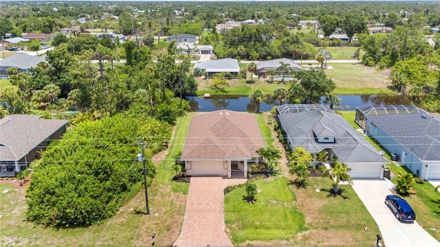 drone / aerial view with a water view