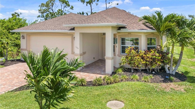 view of front of home featuring a front lawn and a garage