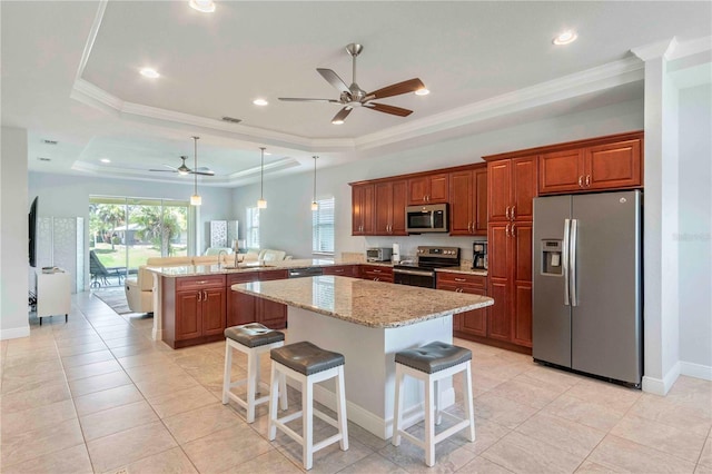 kitchen featuring a kitchen bar, appliances with stainless steel finishes, kitchen peninsula, a tray ceiling, and a kitchen island