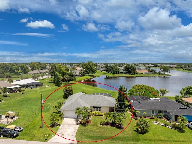 aerial view featuring a water view