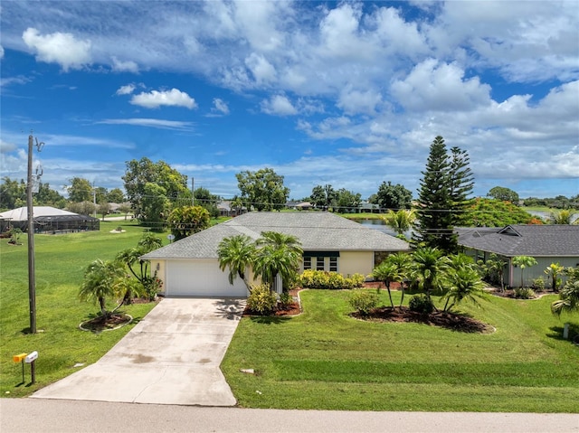 single story home featuring a front lawn and a garage