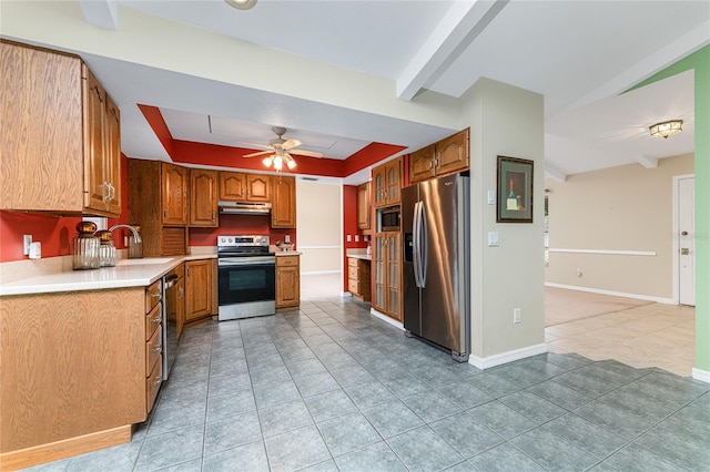 kitchen with ceiling fan, light tile patterned floors, sink, and appliances with stainless steel finishes