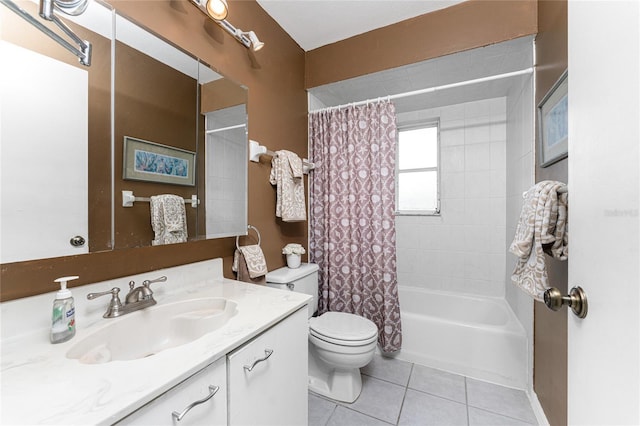 full bathroom featuring tile patterned floors, shower / bath combination with curtain, toilet, and vanity