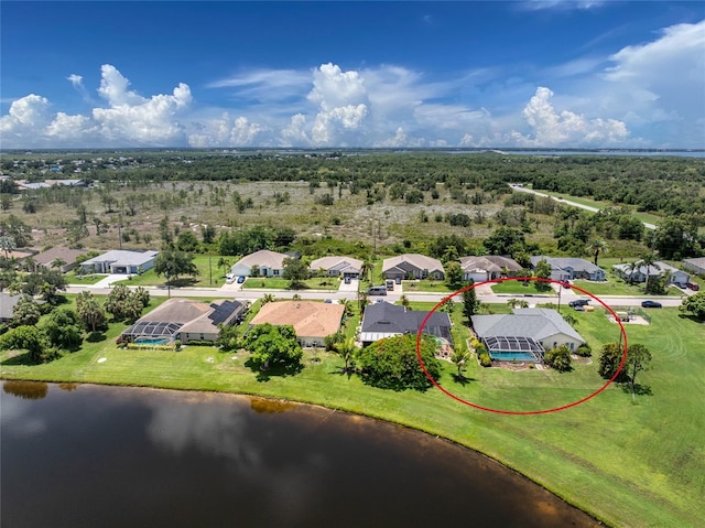 drone / aerial view featuring a water view