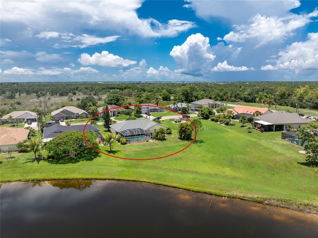 drone / aerial view featuring a water view