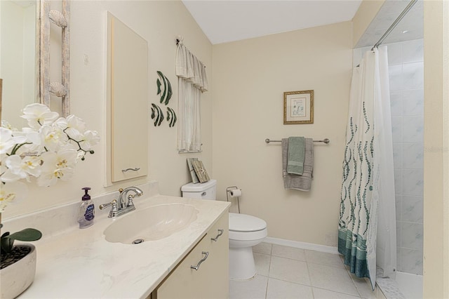 bathroom featuring tile patterned floors, vanity, toilet, and a shower with curtain