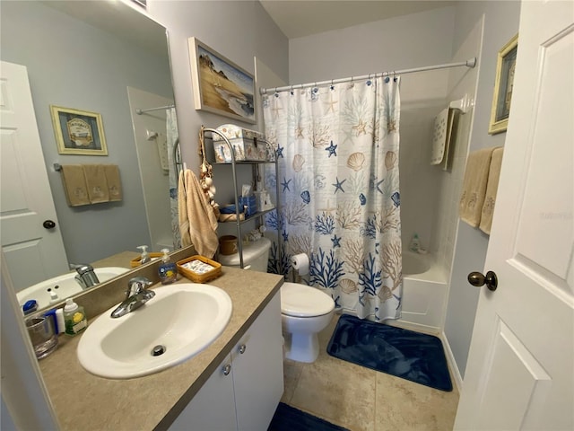 full bathroom with tile flooring, vanity, toilet, and shower / tub combo with curtain