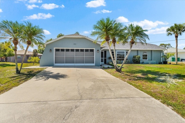 ranch-style home featuring a garage and a front lawn