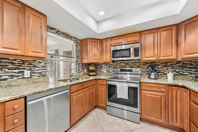 kitchen featuring light stone countertops, appliances with stainless steel finishes, a tray ceiling, and sink