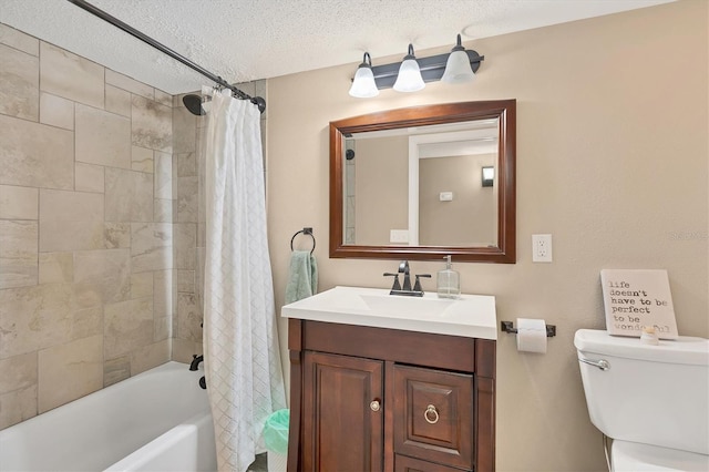 full bathroom with shower / bath combination with curtain, vanity, toilet, and a textured ceiling