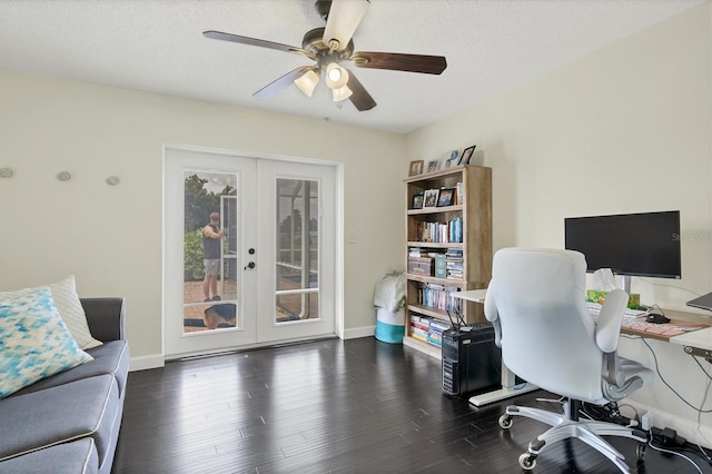 office with ceiling fan, dark hardwood / wood-style floors, a textured ceiling, and french doors