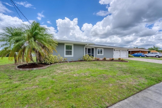 ranch-style home with a garage and a front lawn