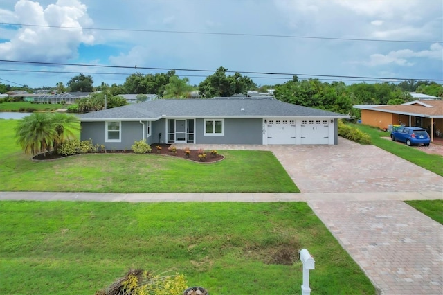 ranch-style home featuring a garage and a front lawn