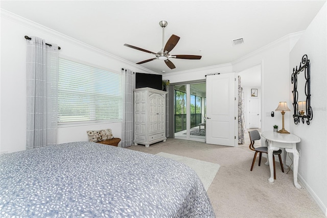 carpeted bedroom with access to exterior, ceiling fan, and ornamental molding