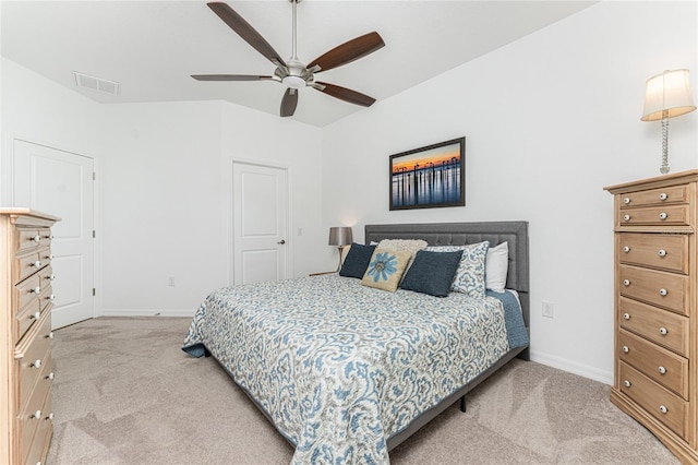 carpeted bedroom with ceiling fan